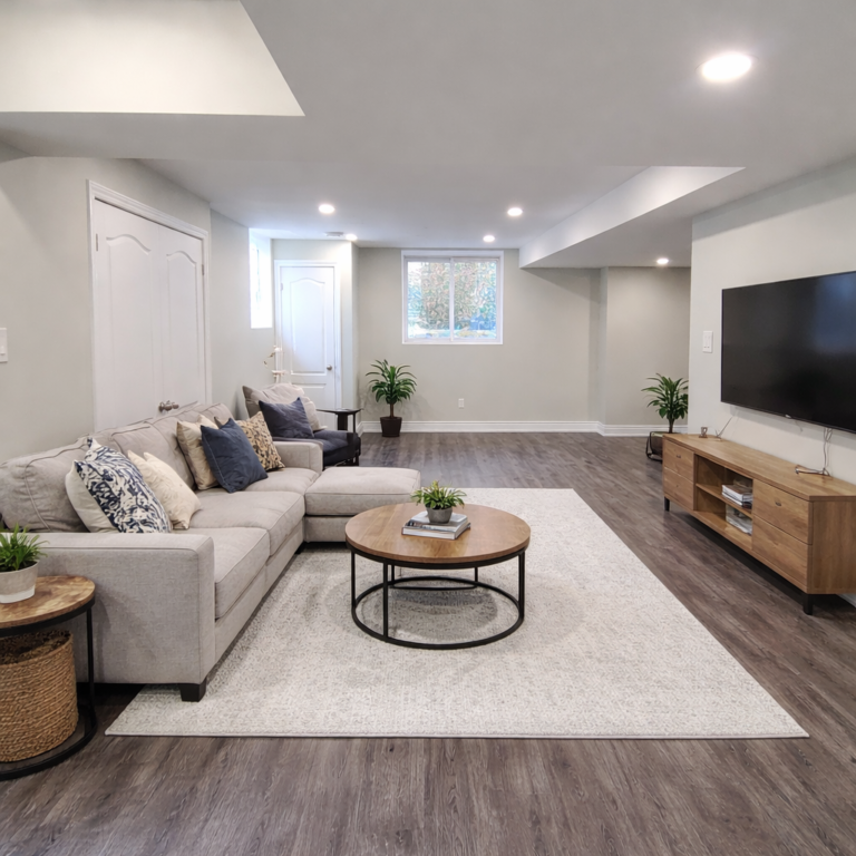 Modern basement living room with large egress window