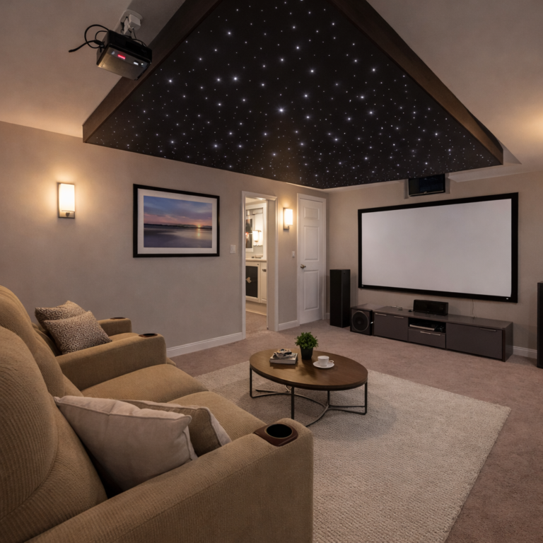 Custom basement home theater with star ceiling, projector screen, and luxury seating renovated by Maple Homes Builder in Milton Ontario.