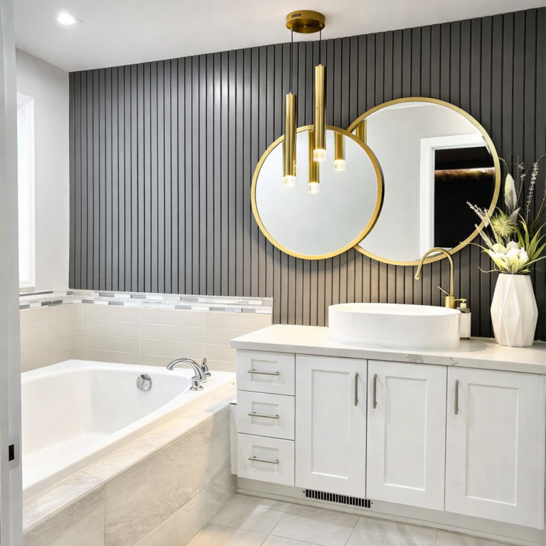 Modern bathroom renovation with gold fixtures, round mirrors, vertical slat accent wall, and white vanity beside bathtub.