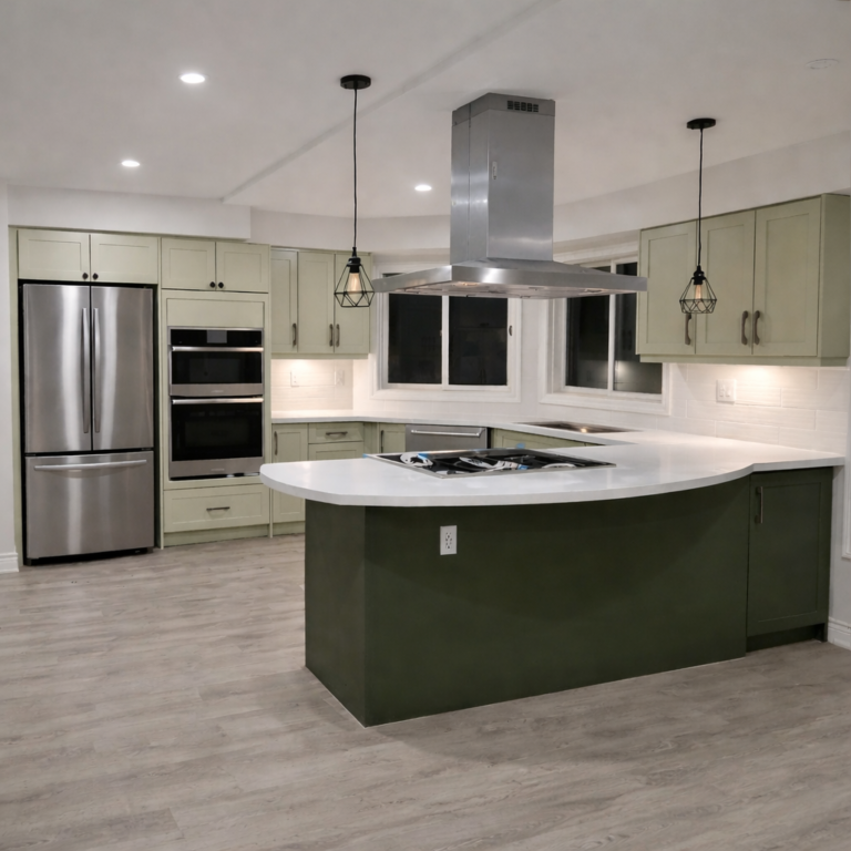 Modern kitchen renovation with sage green cabinets, curved island with cooktop, stainless steel appliances, and pendant lighting.