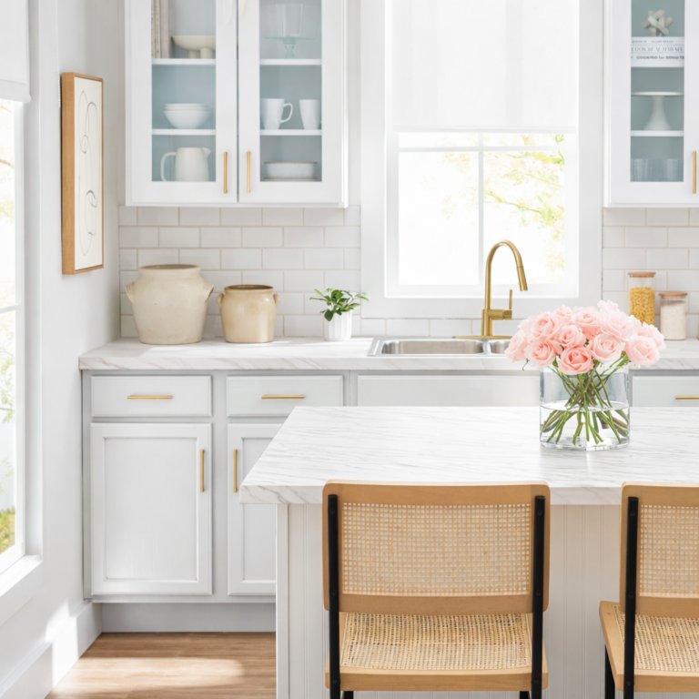 Bright modern white kitchen renovation with gold cabinet handles, subway tile backsplash, marble island, and window above sink.