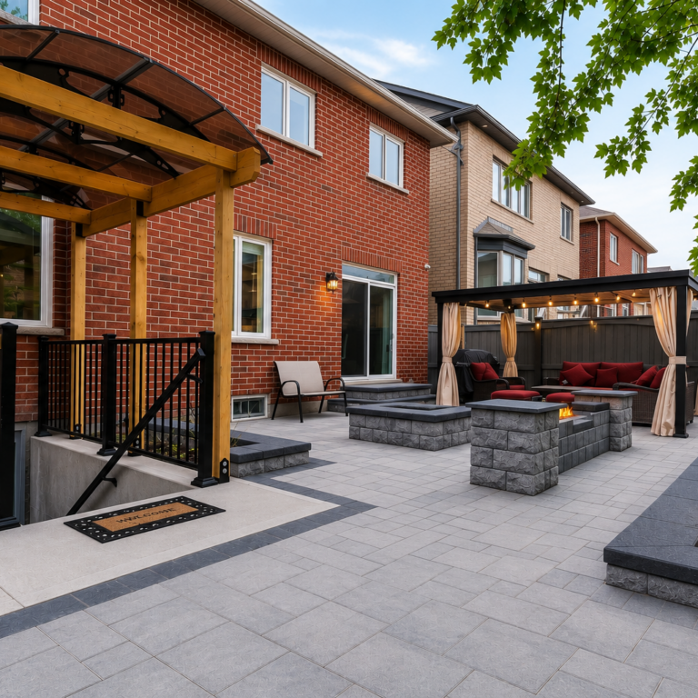 Modern backyard renovation featuring a covered basement entrance, stone patio, pergola lounge, fire feature, and professionally landscaped outdoor living space.