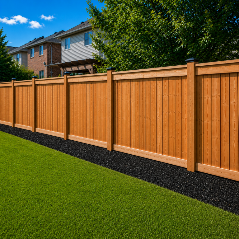 New cedar privacy fence with black post caps, clean black mulch border, and a well-maintained backyard lawn in a modern suburban home.