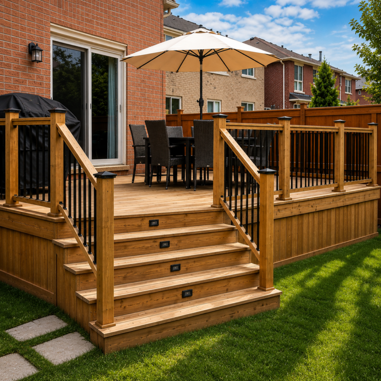 Custom raised pressure-treated wood deck with black aluminum railings, integrated stair lighting, and outdoor dining area in a fenced backyard.