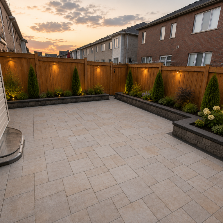 Modern backyard patio with interlocking stone, raised garden beds, landscape lighting, and a professionally designed outdoor living space.