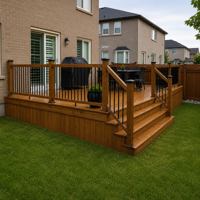 Custom raised pressure-treated wood deck with black aluminum railings and wide stairs in a professionally landscaped backyard.